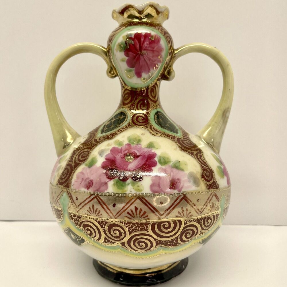 VTG Nagoya Japan Moriage Vase 7.5in Hand Painted Pink Roses Gold Double Handle